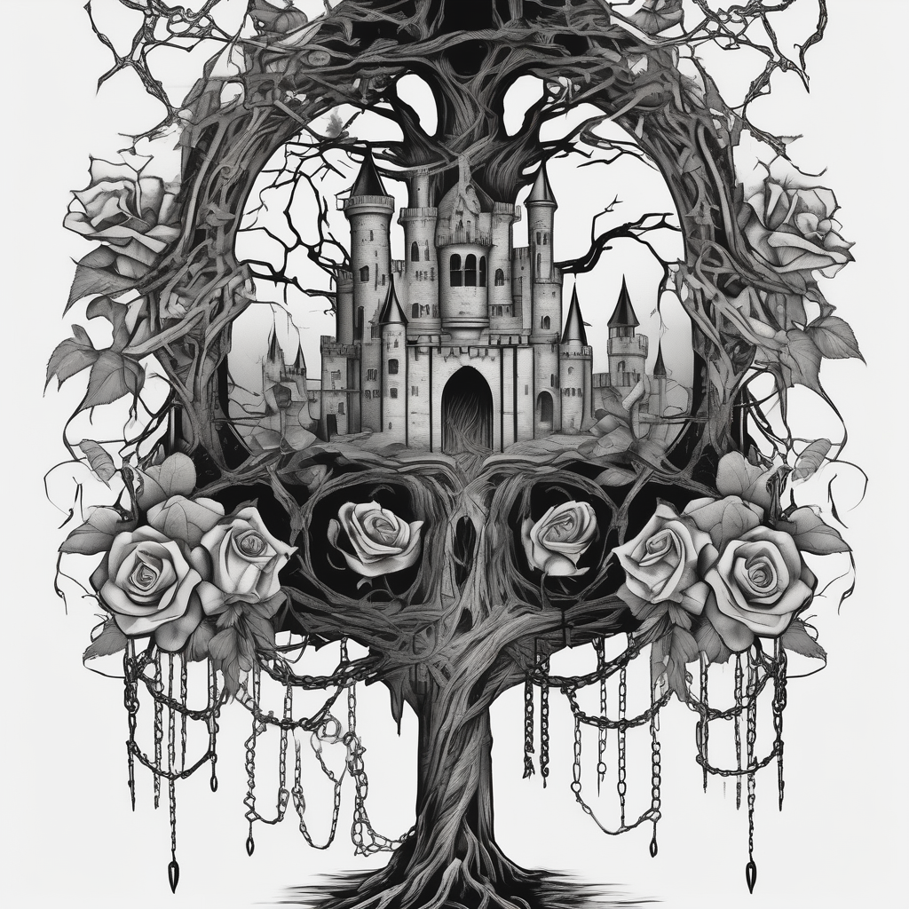 tattoo fool sleeve, dark gothic castle, tree roots break out of the chains, broken mask, girl, roses glitter tattoo, diseño de tatuaje Surrealista generado con IA